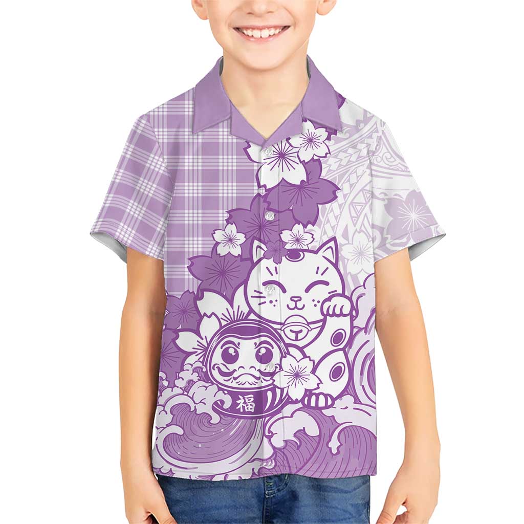Purple Palaka Hawaiian And Japanese Family Matching Short Sleeve Bodycon Dress and Hawaiian Shirt Maneki Neko And Sakura Bloom DT05 Son's Shirt Purple - Polynesian Pride