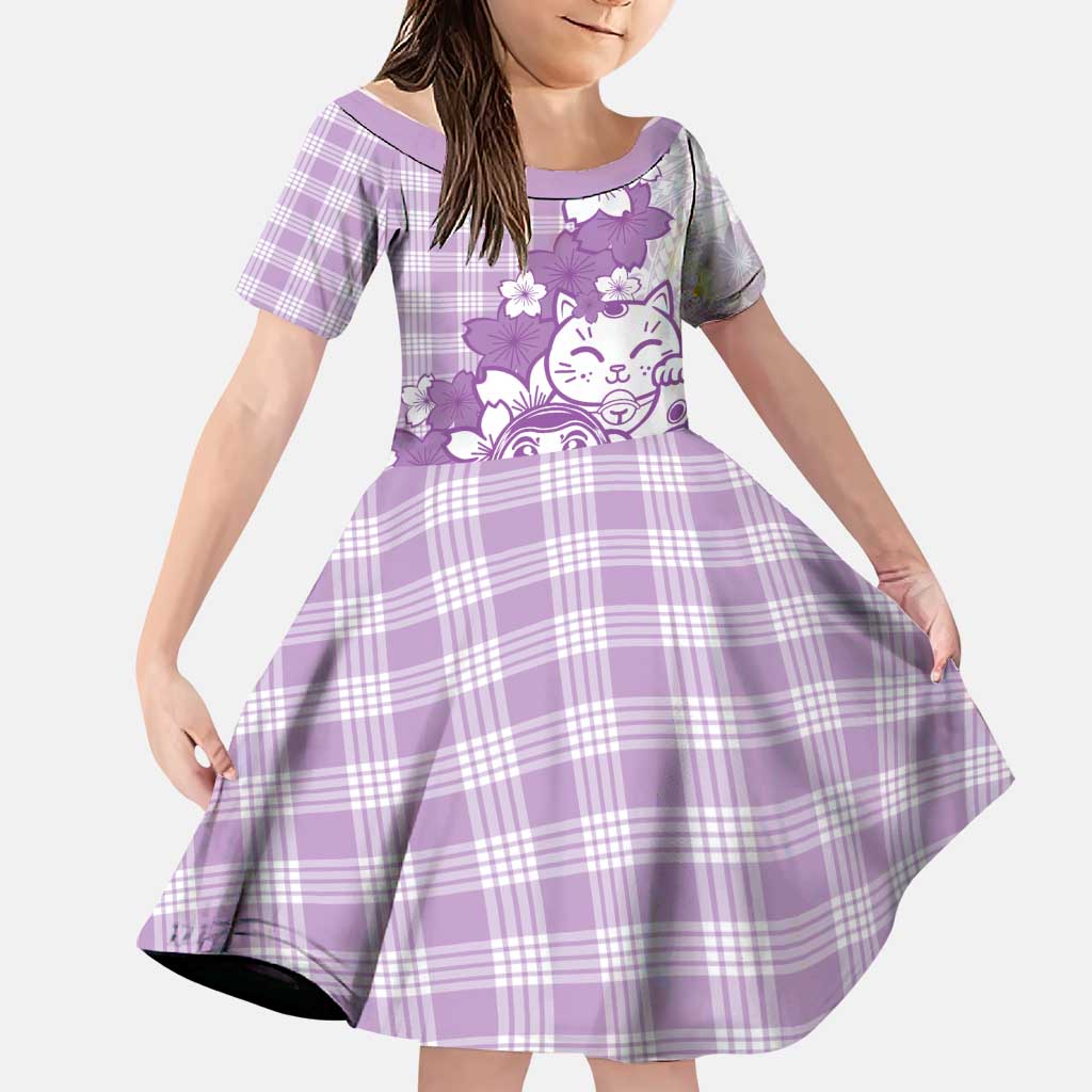Purple Palaka Hawaiian And Japanese Family Matching Summer Maxi Dress and Hawaiian Shirt Maneki Neko And Sakura Bloom DT05 Daughter's Dress Purple - Polynesian Pride