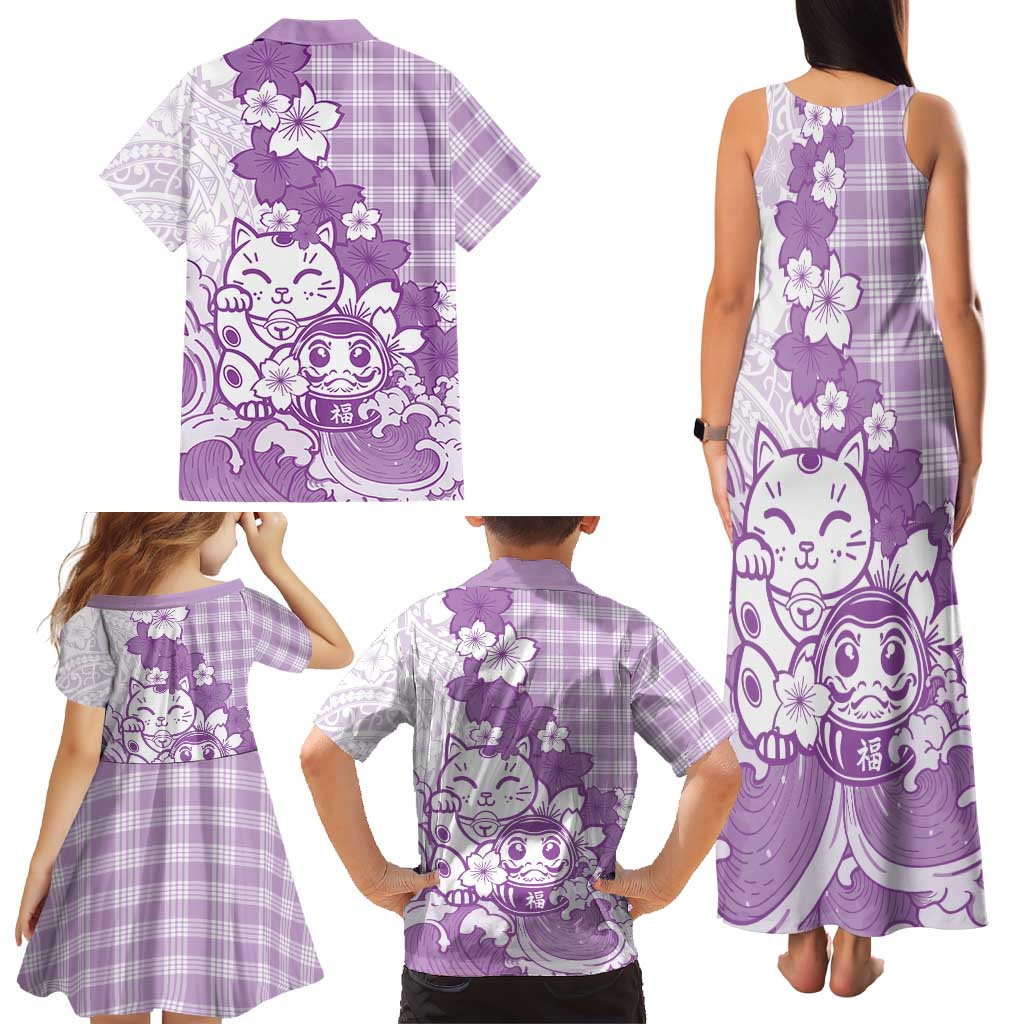 Purple Palaka Hawaiian And Japanese Family Matching Tank Maxi Dress and Hawaiian Shirt Maneki Neko And Sakura Bloom DT05 - Polynesian Pride
