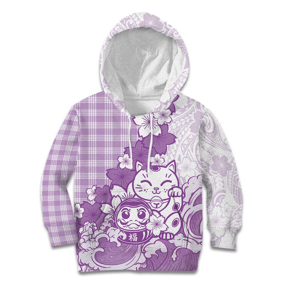 Purple Palaka Hawaiian And Japanese Kid Hoodie Maneki Neko And Sakura Bloom