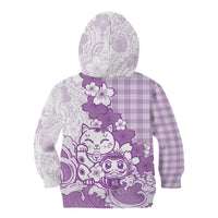 Purple Palaka Hawaiian And Japanese Kid Hoodie Maneki Neko And Sakura Bloom
