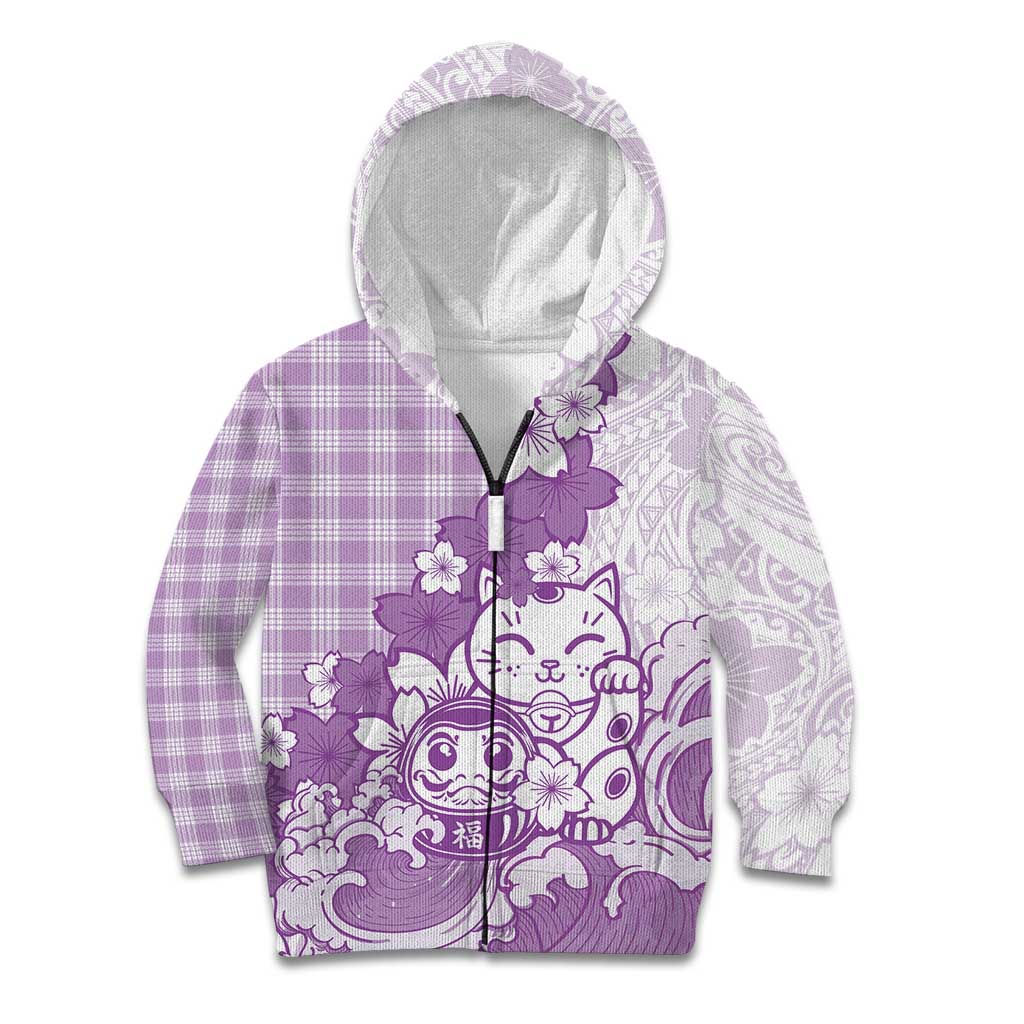 Purple Palaka Hawaiian And Japanese Kid Hoodie Maneki Neko And Sakura Bloom
