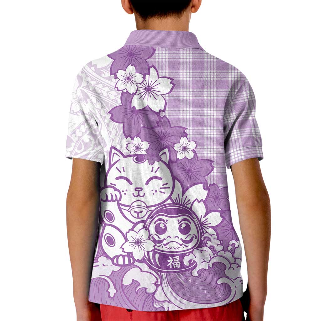 Purple Palaka Hawaiian And Japanese Kid Polo Shirt Maneki Neko And Sakura Bloom