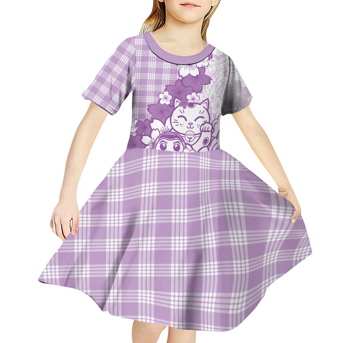 Purple Palaka Hawaiian And Japanese Kid Short Sleeve Dress Maneki Neko And Sakura Bloom