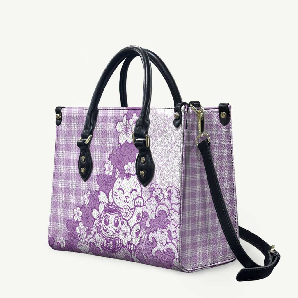 Purple Palaka Hawaiian And Japanese Leather Bag Maneki Neko And Sakura Bloom