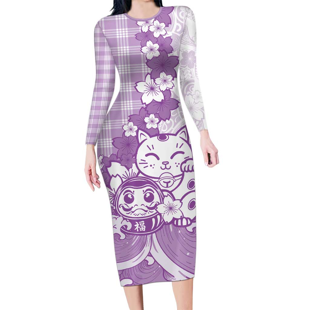 Purple Palaka Hawaiian And Japanese Long Sleeve Bodycon Dress Maneki Neko And Sakura Bloom