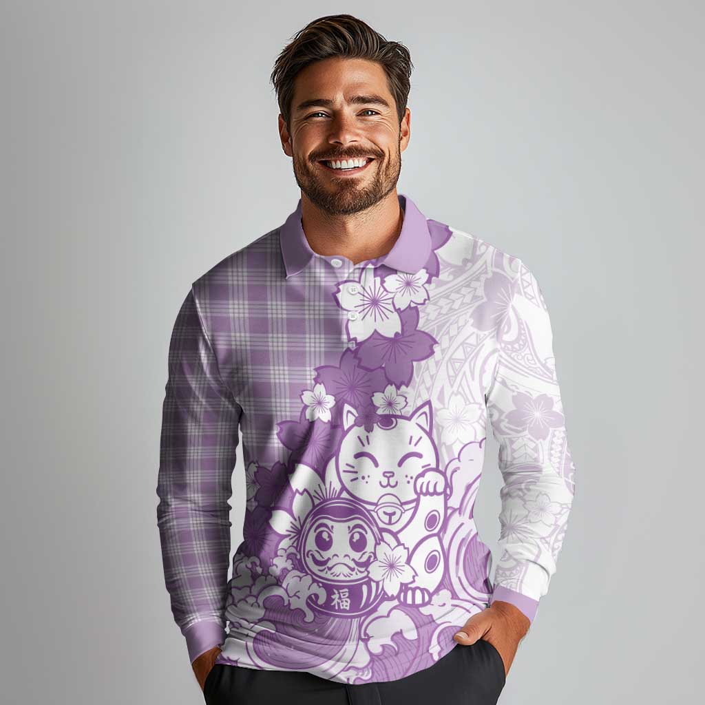 Purple Palaka Hawaiian And Japanese Long Sleeve Polo Shirt Maneki Neko And Sakura Bloom