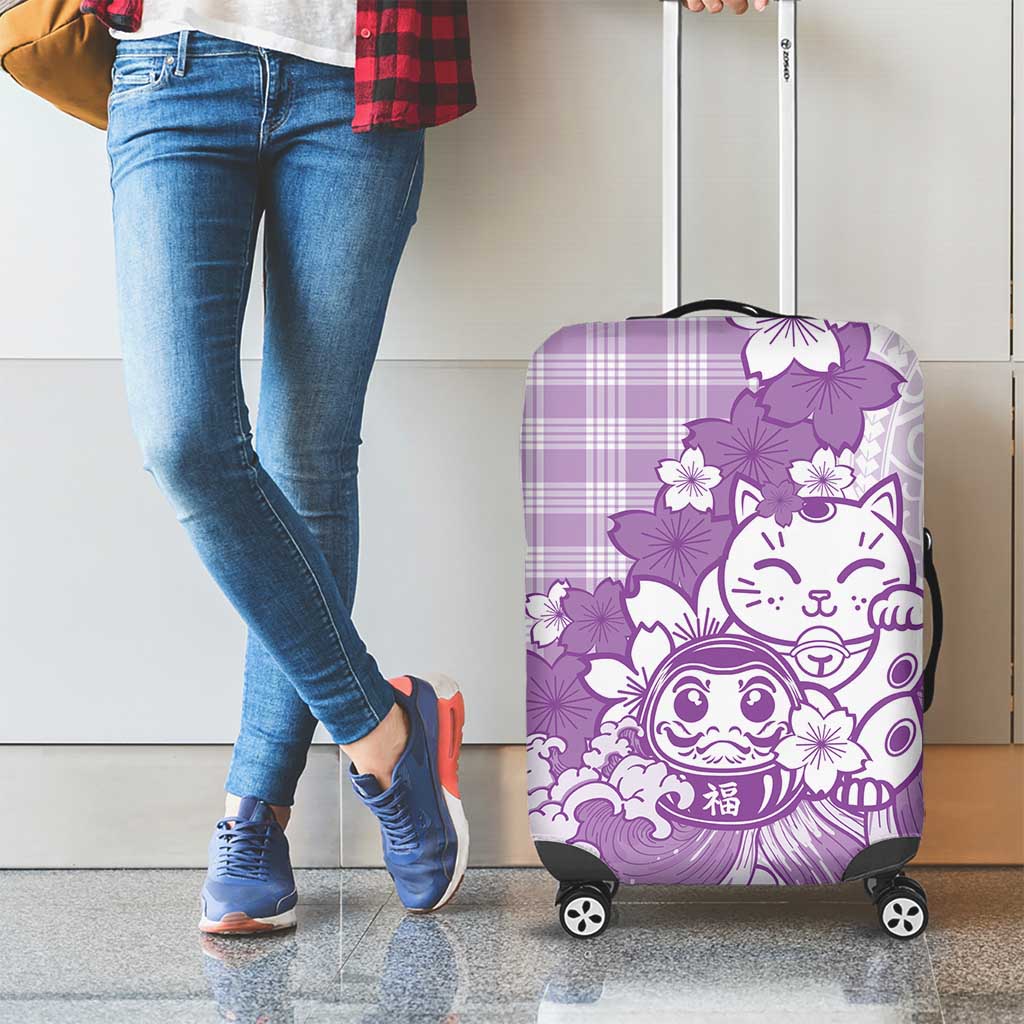 Purple Palaka Hawaiian And Japanese Luggage Cover Maneki Neko And Sakura Bloom