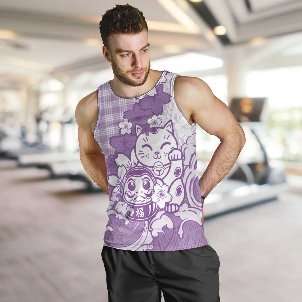 Purple Palaka Hawaiian And Japanese Men Tank Top Maneki Neko And Sakura Bloom
