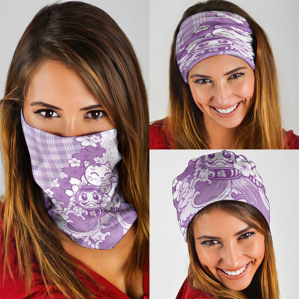 Purple Palaka Hawaiian And Japanese Neck Gaiter Maneki Neko And Sakura Bloom