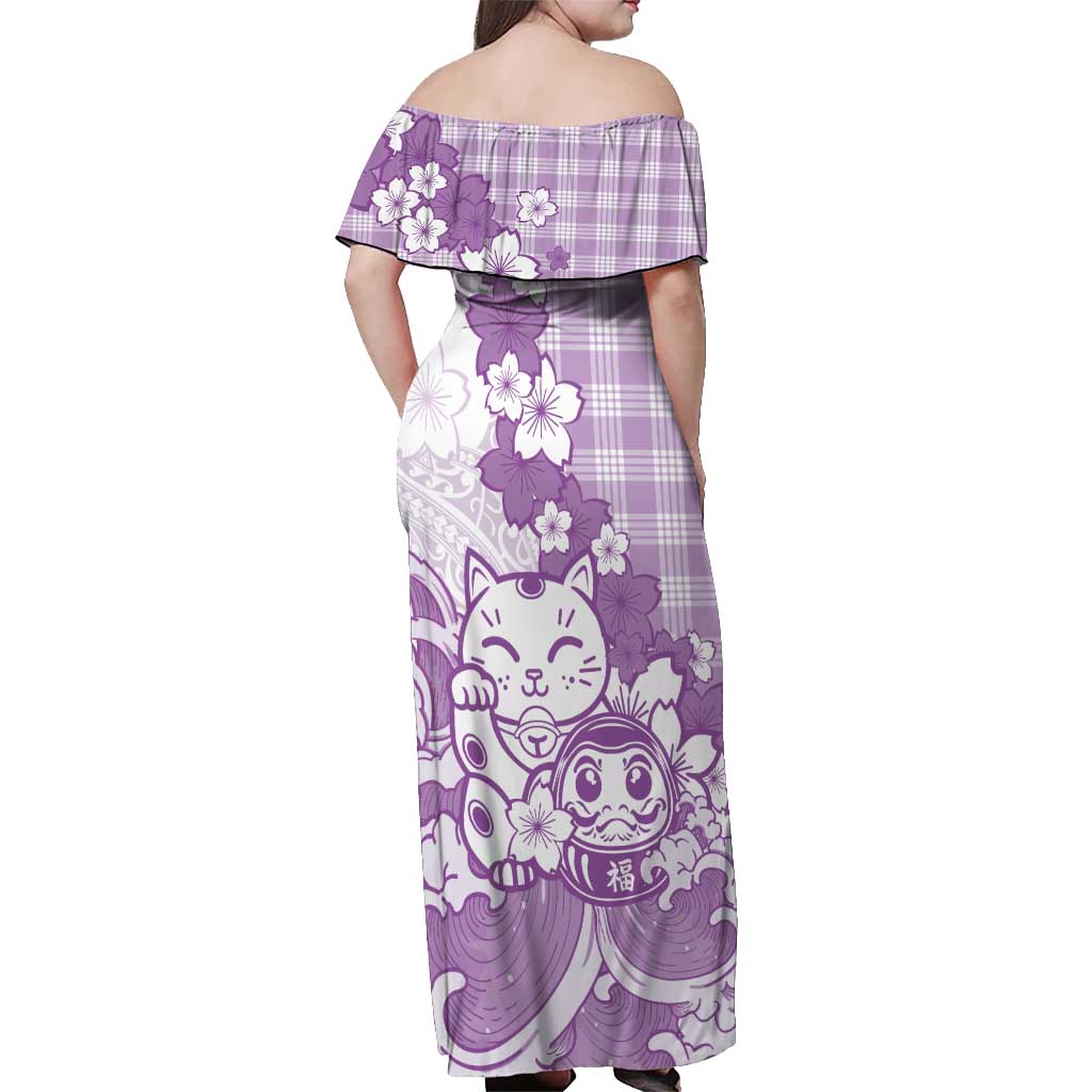 Purple Palaka Hawaiian And Japanese Off Shoulder Maxi Dress Maneki Neko And Sakura Bloom