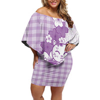 Purple Palaka Hawaiian And Japanese Off Shoulder Short Dress Maneki Neko And Sakura Bloom