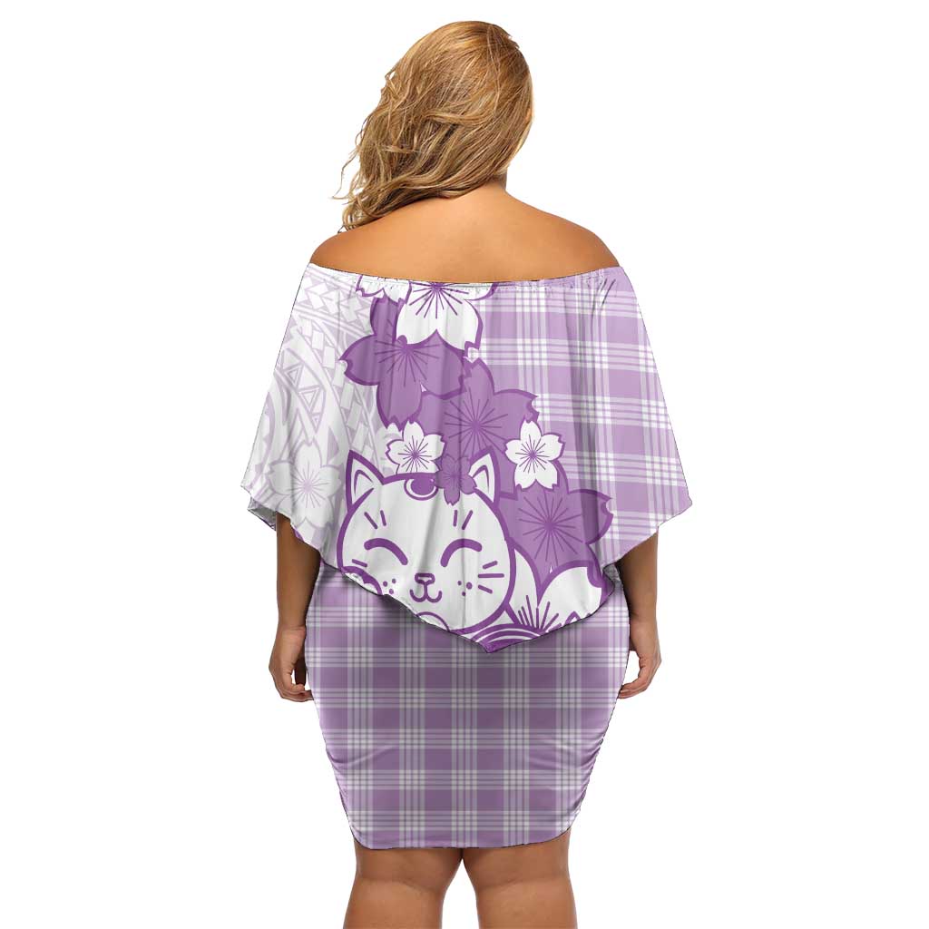 Purple Palaka Hawaiian And Japanese Off Shoulder Short Dress Maneki Neko And Sakura Bloom