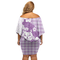 Purple Palaka Hawaiian And Japanese Off Shoulder Short Dress Maneki Neko And Sakura Bloom