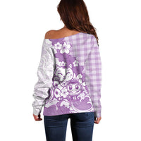 Purple Palaka Hawaiian And Japanese Off Shoulder Sweater Maneki Neko And Sakura Bloom