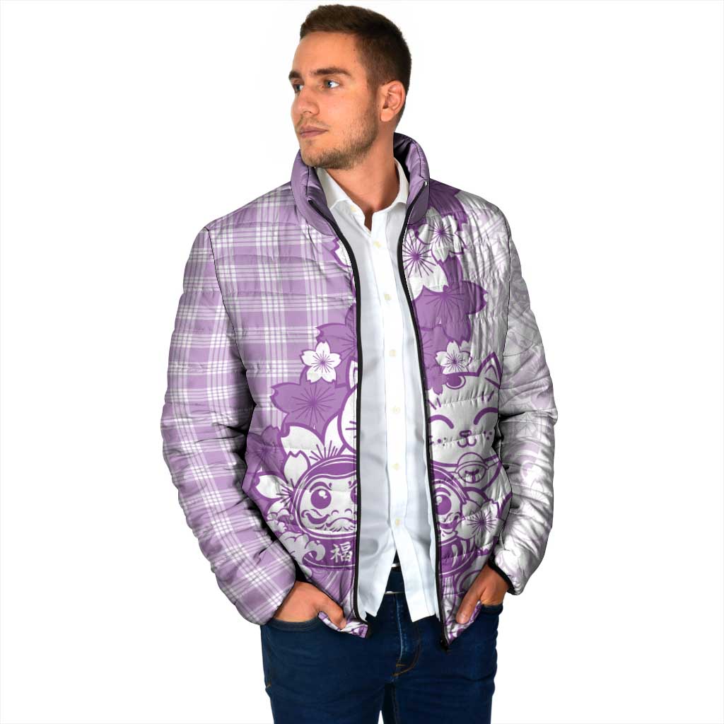 Purple Palaka Hawaiian And Japanese Padded Jacket Maneki Neko And Sakura Bloom