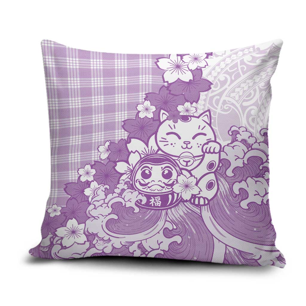 Purple Palaka Hawaiian And Japanese Pillow Cover Maneki Neko And Sakura Bloom