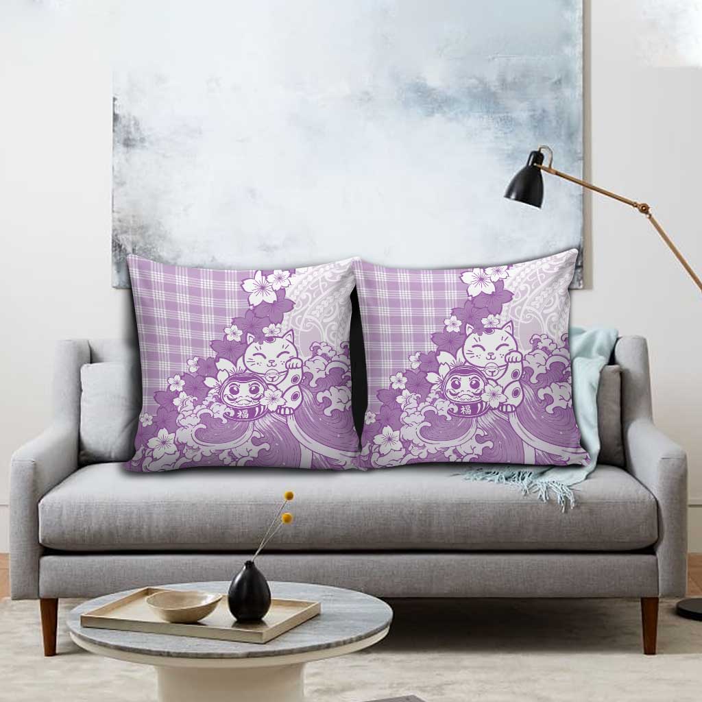 Purple Palaka Hawaiian And Japanese Pillow Cover Maneki Neko And Sakura Bloom
