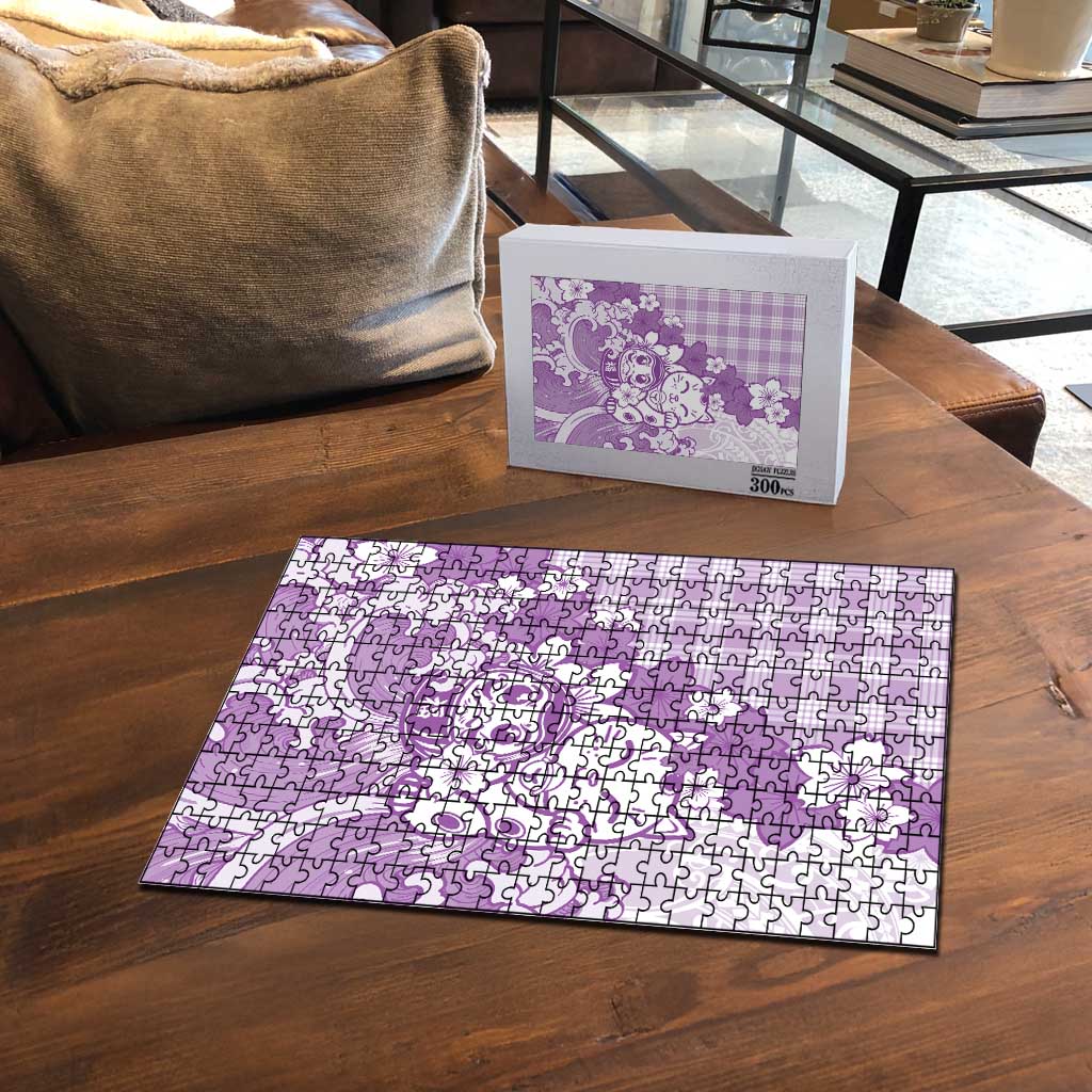 Purple Palaka Hawaiian And Japanese Puzzle Maneki Neko And Sakura Bloom