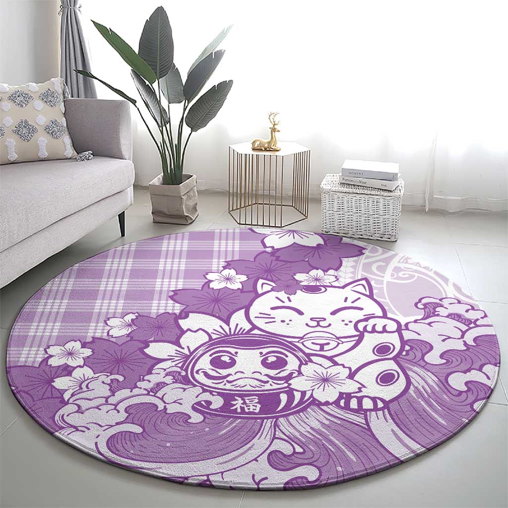 Purple Palaka Hawaiian And Japanese Round Carpet Maneki Neko And Sakura Bloom