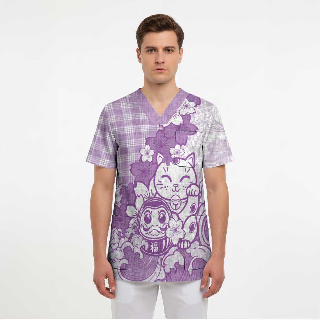 Purple Palaka Hawaiian And Japanese Scrub Top Maneki Neko And Sakura Bloom