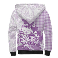 Purple Palaka Hawaiian And Japanese Sherpa Hoodie Maneki Neko And Sakura Bloom