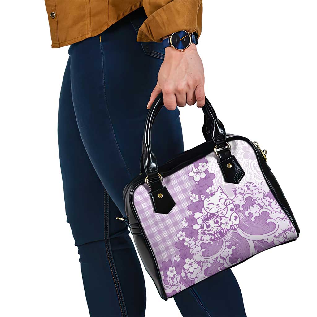 Purple Palaka Hawaiian And Japanese Shoulder Handbag Maneki Neko And Sakura Bloom
