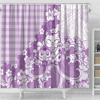Purple Palaka Hawaiian And Japanese Shower Curtain Maneki Neko And Sakura Bloom