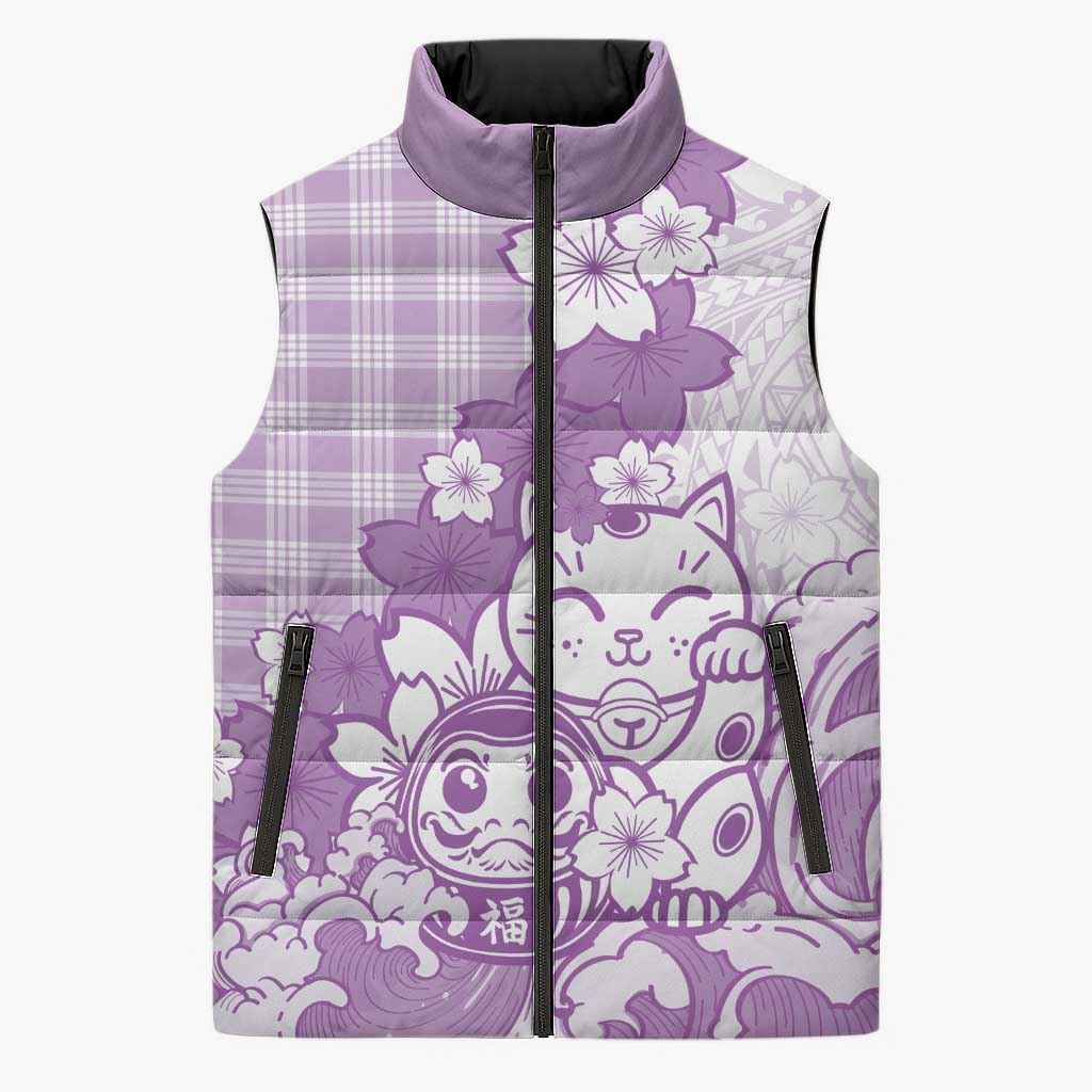 Purple Palaka Hawaiian And Japanese Sleeveless Puffer Jacket Maneki Neko And Sakura Bloom