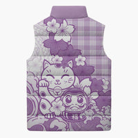 Purple Palaka Hawaiian And Japanese Sleeveless Puffer Jacket Maneki Neko And Sakura Bloom