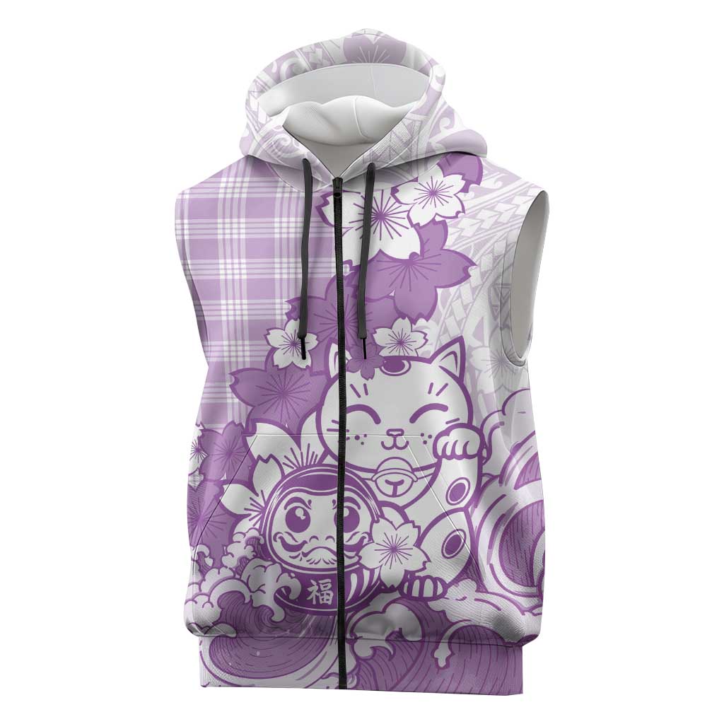Purple Palaka Hawaiian And Japanese Sleeveless Zip Hoodie Maneki Neko And Sakura Bloom