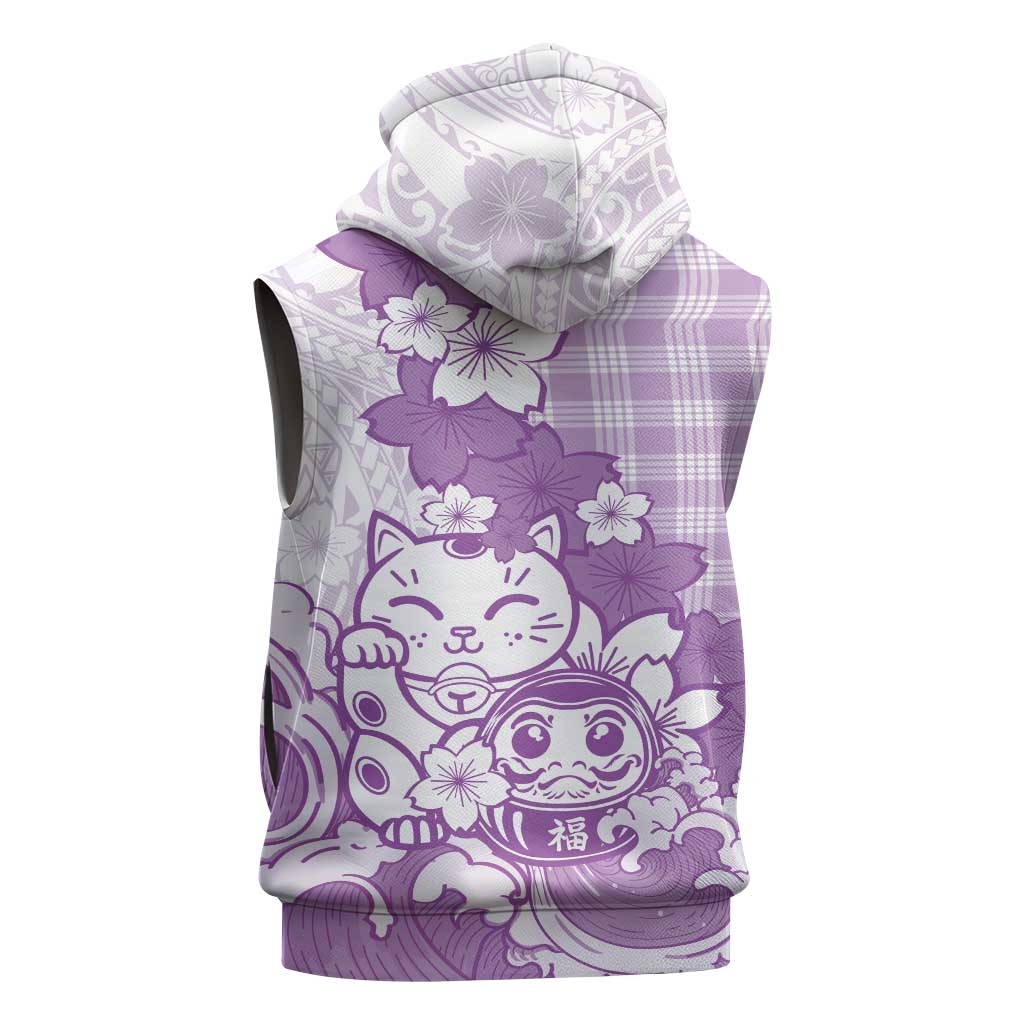 Purple Palaka Hawaiian And Japanese Sleeveless Zip Hoodie Maneki Neko And Sakura Bloom