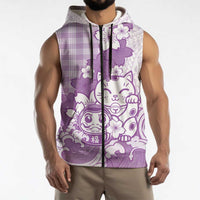 Purple Palaka Hawaiian And Japanese Sleeveless Zip Hoodie Maneki Neko And Sakura Bloom