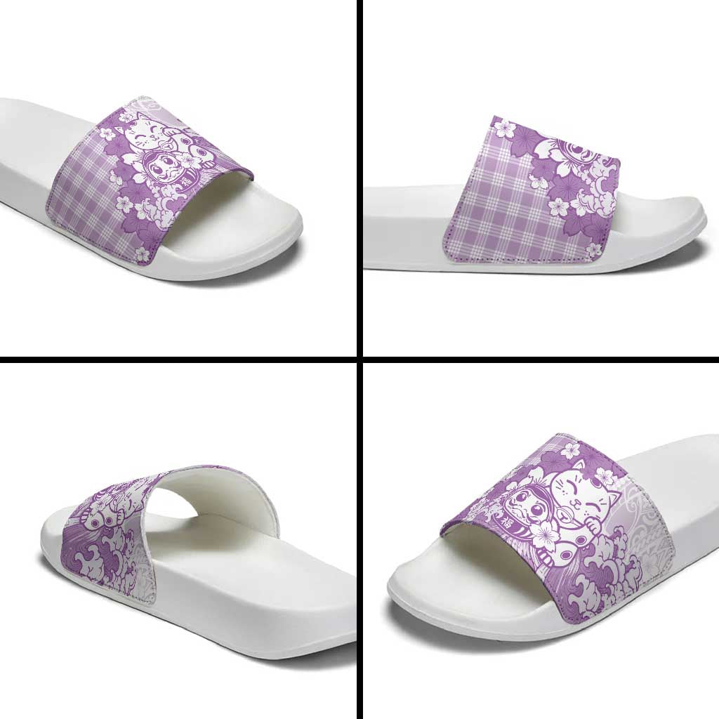 Purple Palaka Hawaiian And Japanese Slide Sandals Maneki Neko And Sakura Bloom
