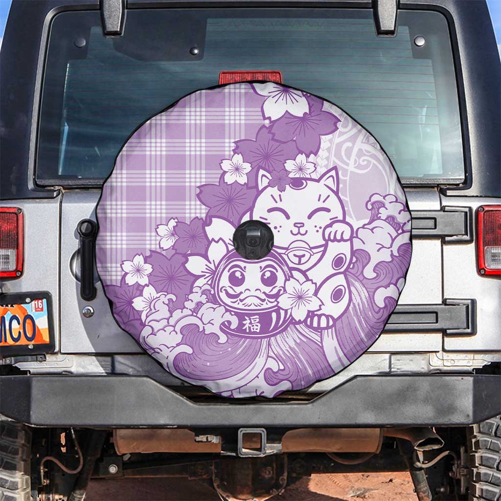 Purple Palaka Hawaiian And Japanese Spare Tire Cover Maneki Neko And Sakura Bloom