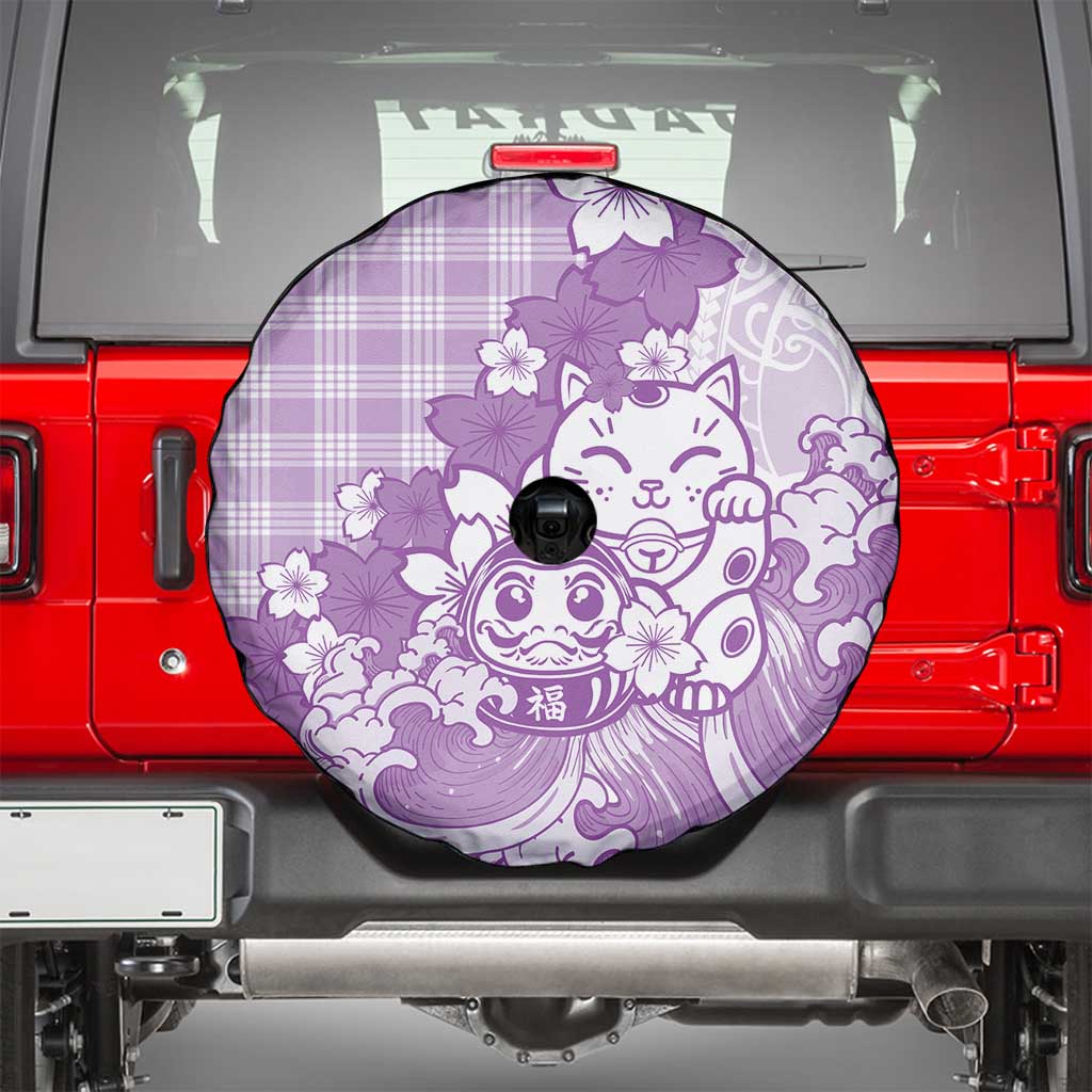 Purple Palaka Hawaiian And Japanese Spare Tire Cover Maneki Neko And Sakura Bloom