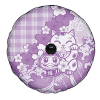 Purple Palaka Hawaiian And Japanese Spare Tire Cover Maneki Neko And Sakura Bloom