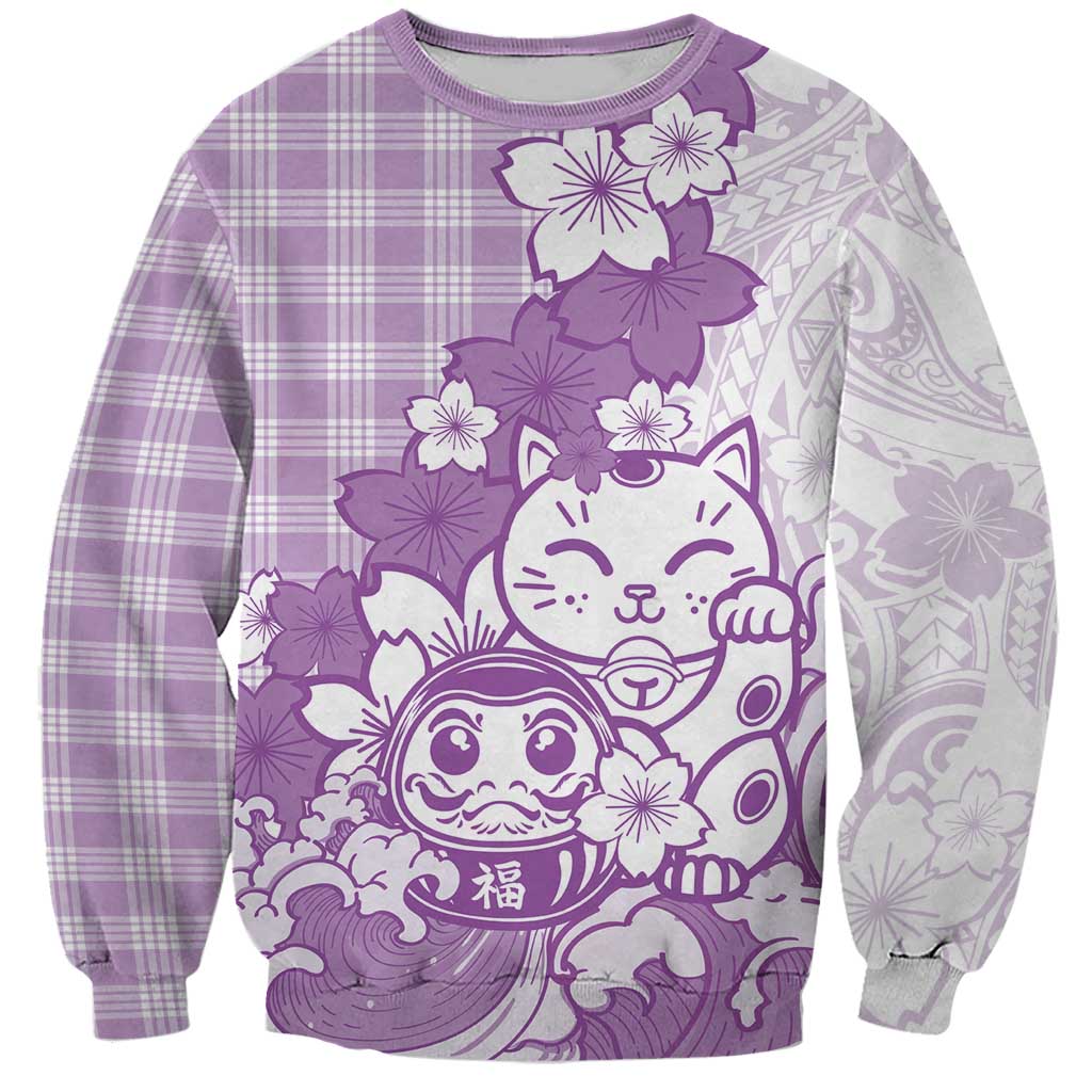 Purple Palaka Hawaiian And Japanese Sweatshirt Maneki Neko And Sakura Bloom