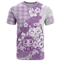 Purple Palaka Hawaiian And Japanese T Shirt Maneki Neko And Sakura Bloom