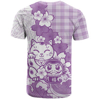 Purple Palaka Hawaiian And Japanese T Shirt Maneki Neko And Sakura Bloom