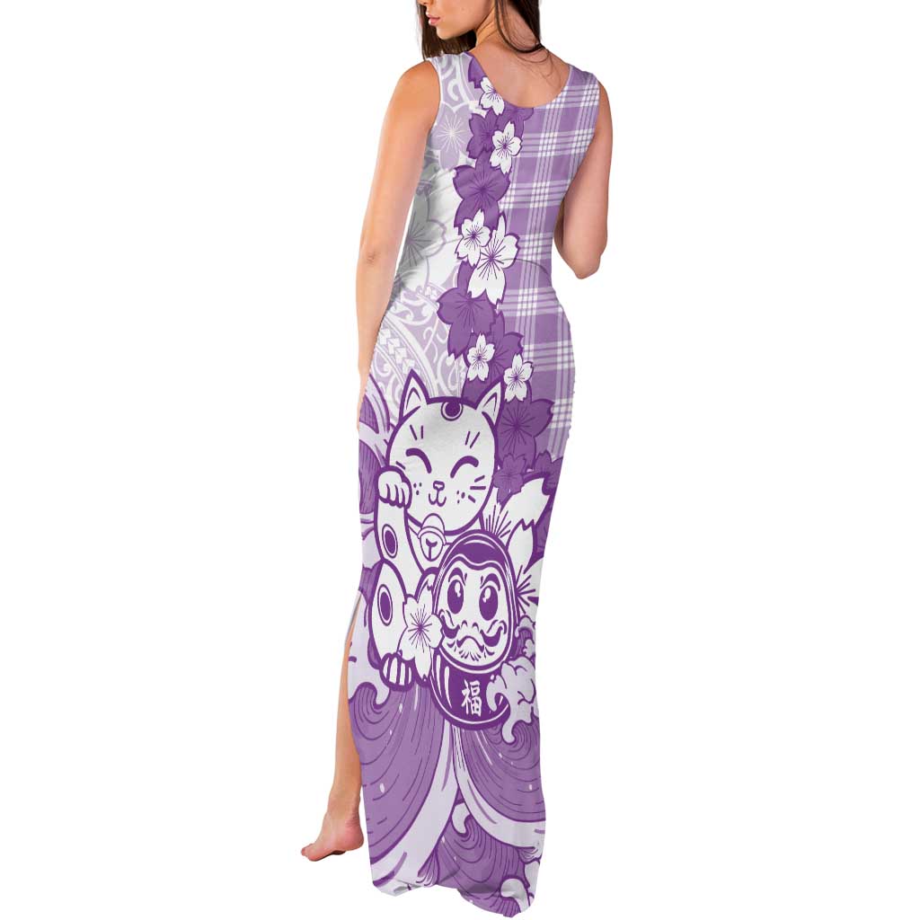 Purple Palaka Hawaiian And Japanese Tank Maxi Dress Maneki Neko And Sakura Bloom