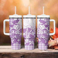Purple Palaka Hawaiian And Japanese Tumbler With Handle Maneki Neko And Sakura Bloom