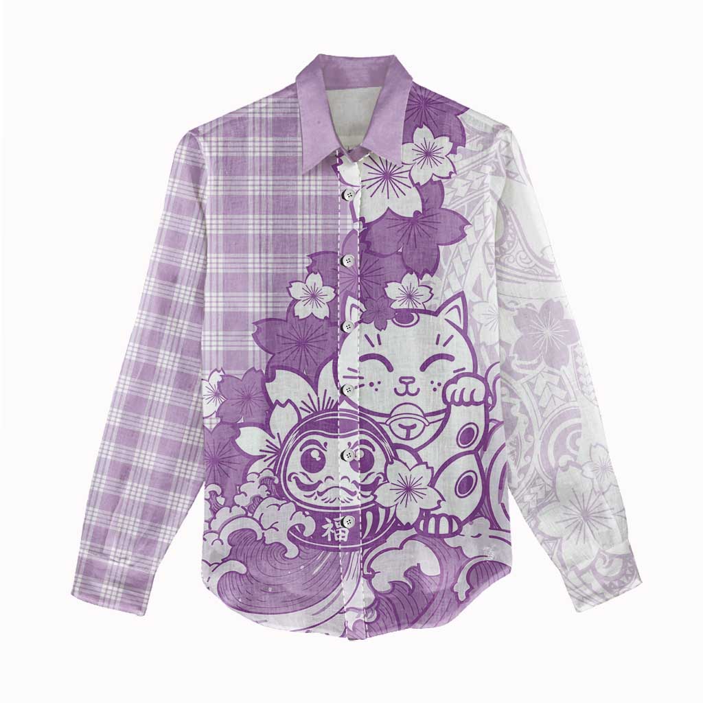 Purple Palaka Hawaiian And Japanese Women Casual Shirt Maneki Neko And Sakura Bloom