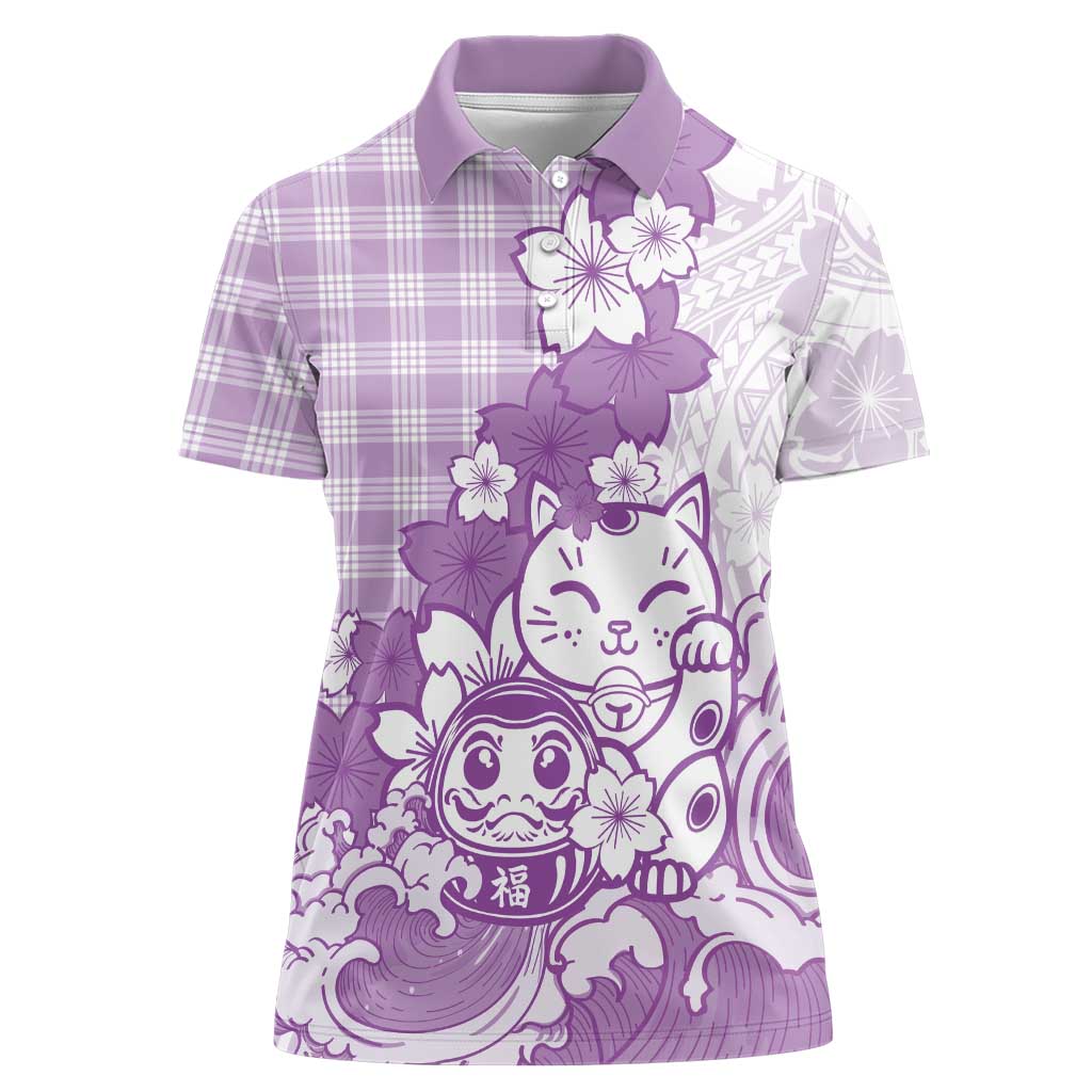 Purple Palaka Hawaiian And Japanese Women Polo Shirt Maneki Neko And Sakura Bloom