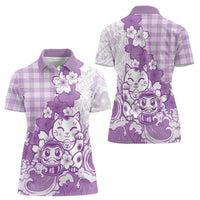 Purple Palaka Hawaiian And Japanese Women Polo Shirt Maneki Neko And Sakura Bloom