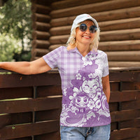 Purple Palaka Hawaiian And Japanese Women Polo Shirt Maneki Neko And Sakura Bloom