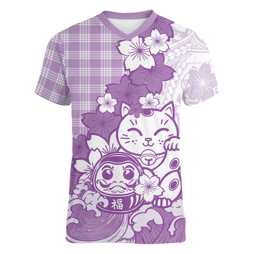 Purple Palaka Hawaiian And Japanese Women V-Neck T-Shirt Maneki Neko And Sakura Bloom