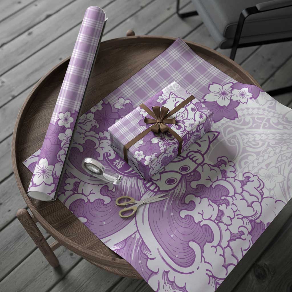 Purple Palaka Hawaiian And Japanese Wrapping Paper Maneki Neko And Sakura Bloom
