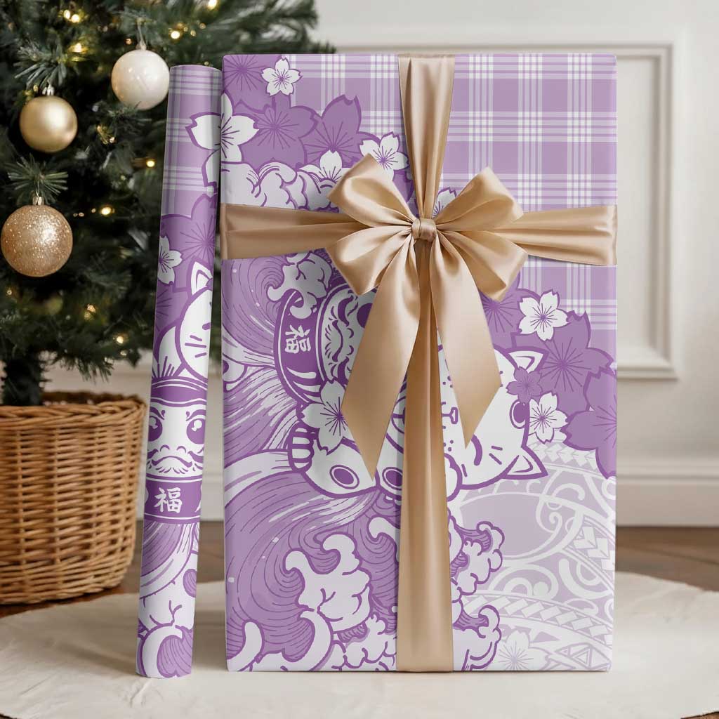 Purple Palaka Hawaiian And Japanese Wrapping Paper Maneki Neko And Sakura Bloom
