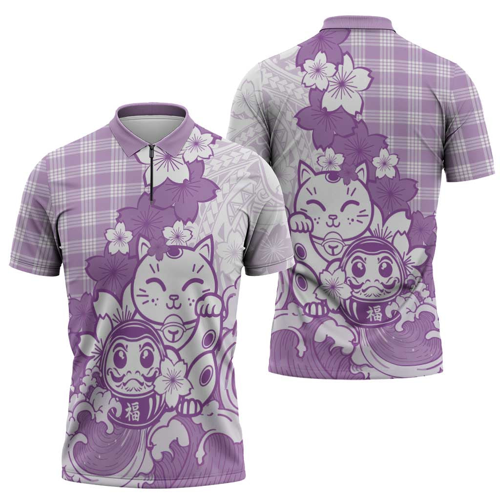Purple Palaka Hawaiian And Japanese Zipper Polo Shirt Maneki Neko And Sakura Bloom